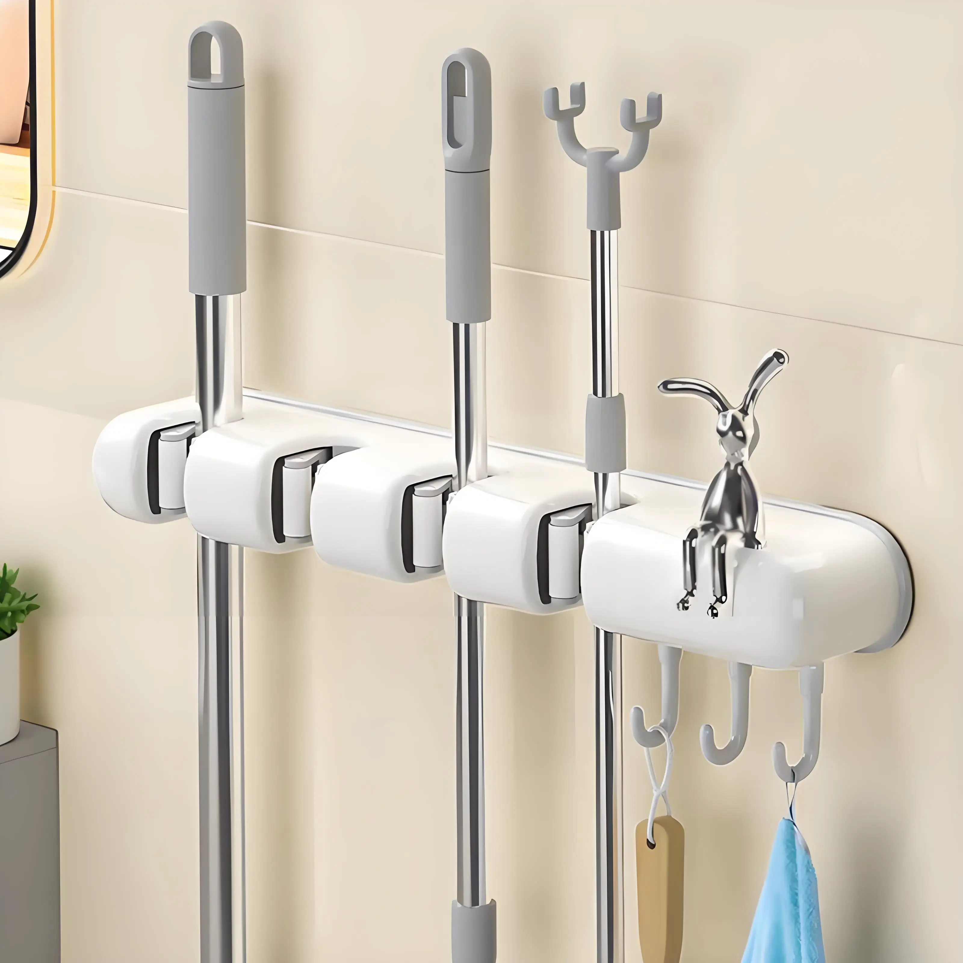 Hot sale plastic wall mounted hole-free with hooks broom mop storage rack bathroom bathroom balcony