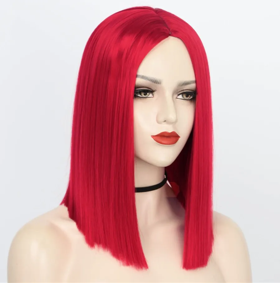Daily Use Red Middle Part Heat Resistant Synthetic Cosplay Short Straight Bob Wigs For Black Women Party Hair Wigs