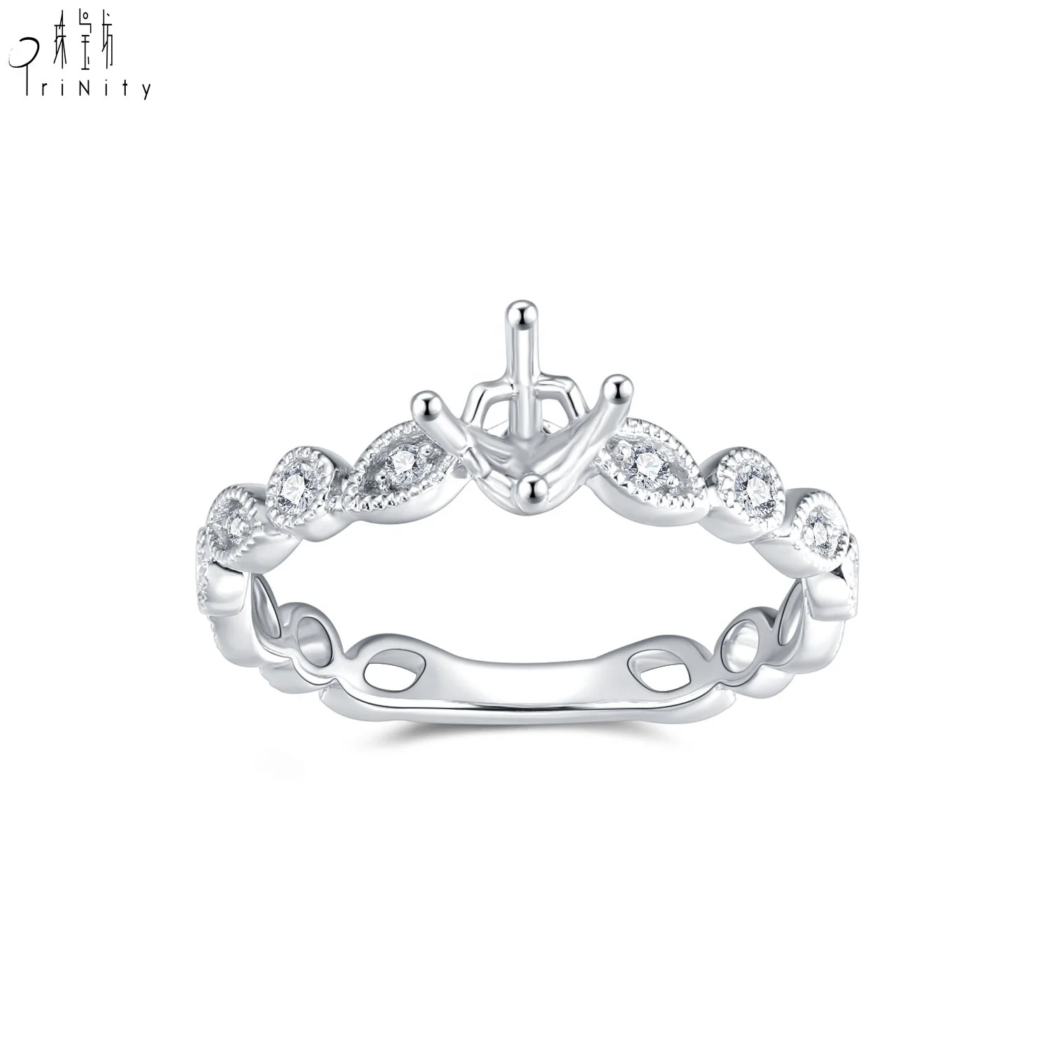 Trendy Professional Fine Jewelry Real Diamond 18k Solid Gold White Gold Diamond Leaves Semi Mounting Ring For Girl Party