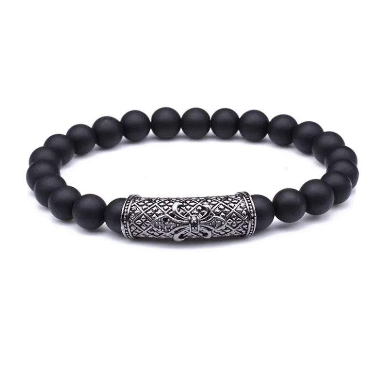 Renting Jewelry Natural Stone Matte Onyx CZ Pave Anchor Charm Beads Elastic Bracelet Men
