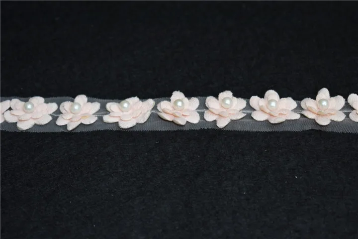 Wholesale chiffon 3d flower embroidery border lace with pearls