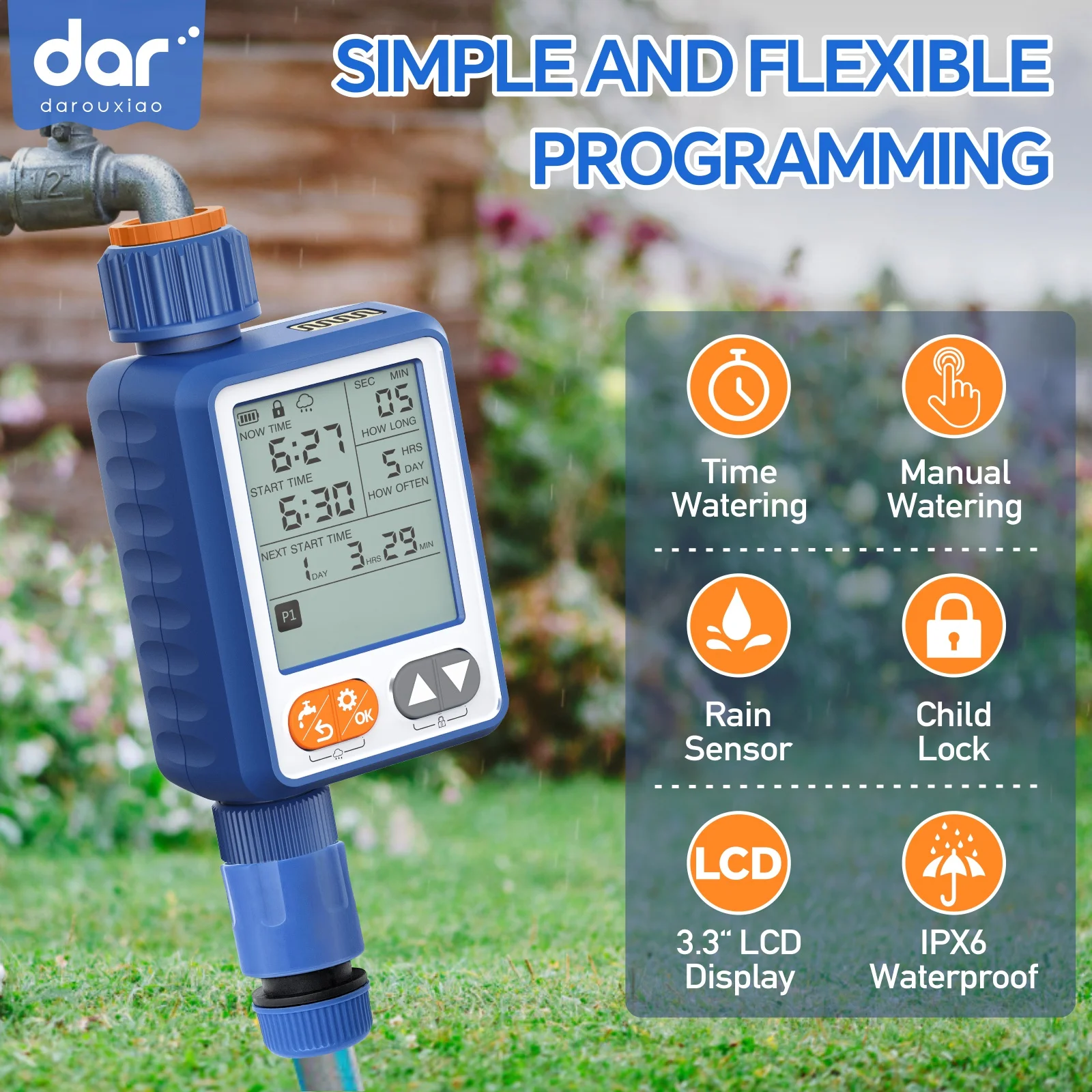 Sprinkler Timer Programmable Water Timer for Garden Hose with Rain Sensor Manual Automatic Hose Timer for Lawns Pool 1 Outlet