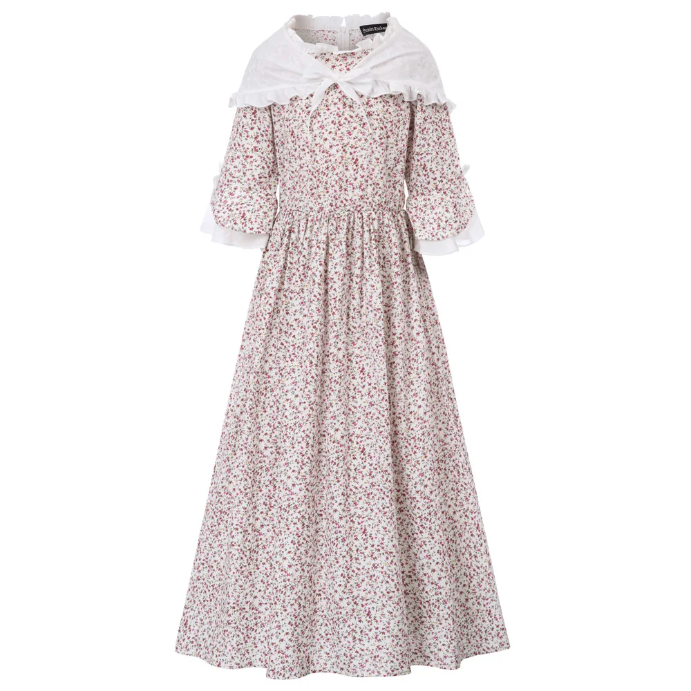 SLA02019 3pcs Set Cotton Dress+Shrug+Hat Children Kids Girls Colonial Costumes