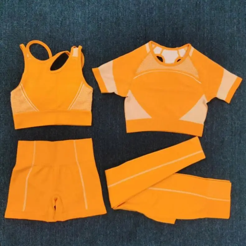 
2021 Женский комплект одежды для фитнеса, 4 предмета, тренажерный зал, Йога, сексуальные короткие шорты, высокое качество 