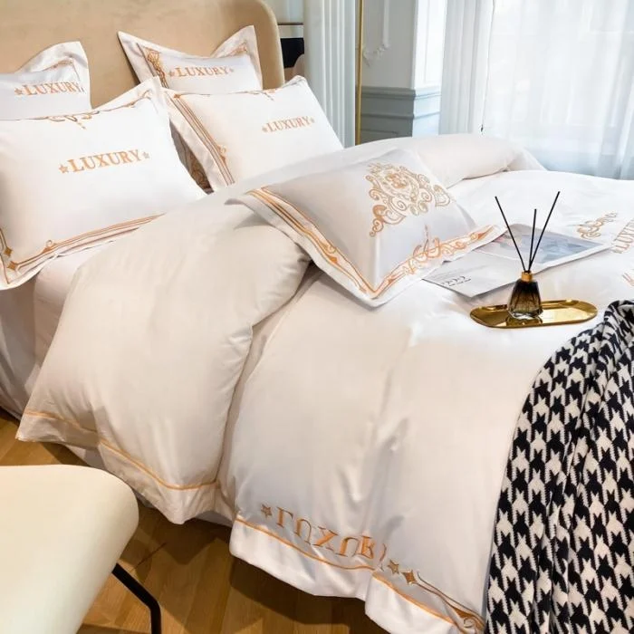 New light luxury embroidered cotton washed silk four pieces bedding set
