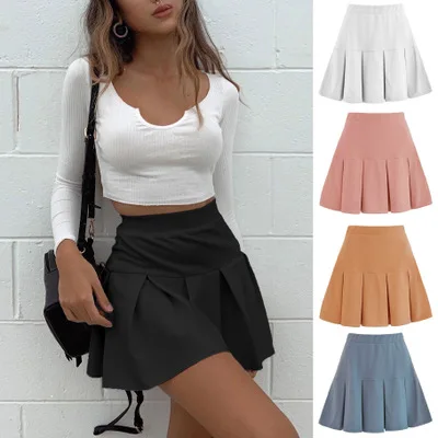 Girls High Waisted Skater Tennis School Uniforms A-line Mini Skirt Lining Shorts Womens Pleated Skirt