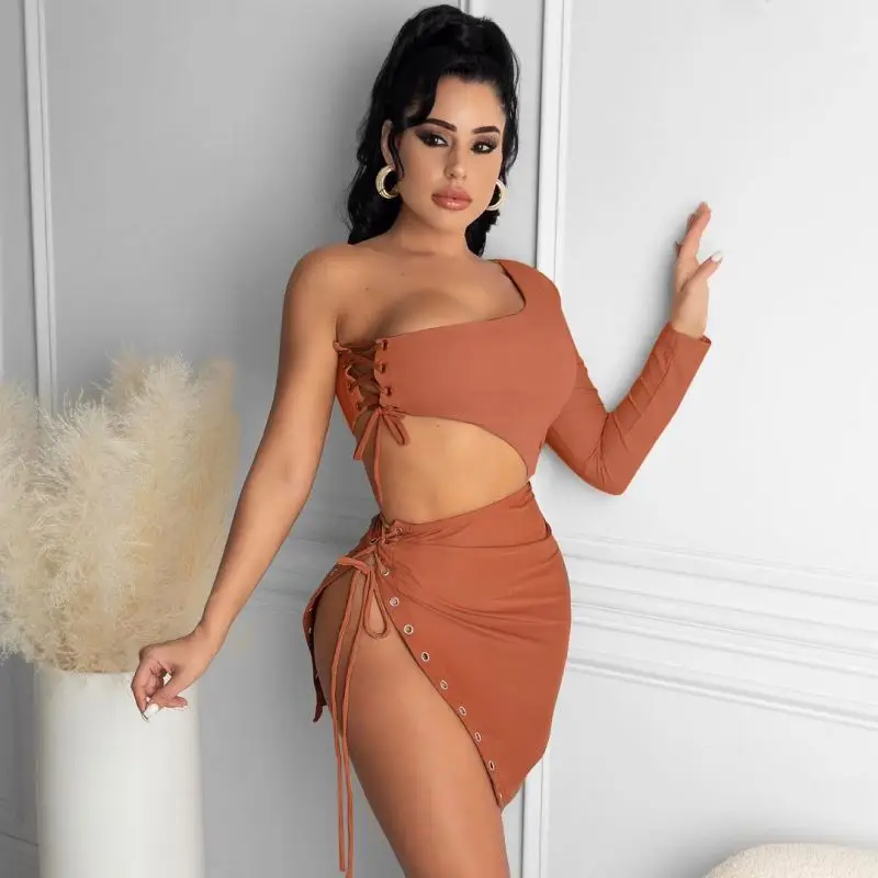 
X02724C Women Skirts Set Solid One-shoulder Skew Collar Full Sleeve Crop Tops Asymmetrical Bandage Mini Skirt 2 Piece Set Summer 