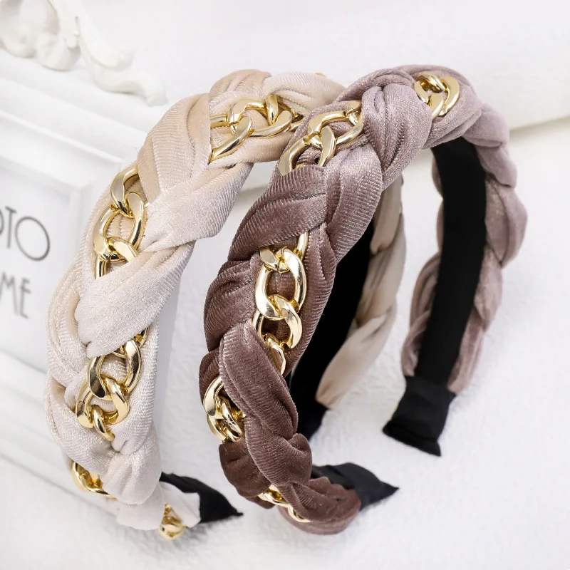 Autumn Winter Twist Braid Hair Band Wide Brimmed Golden Velvet Metal Chain Headband