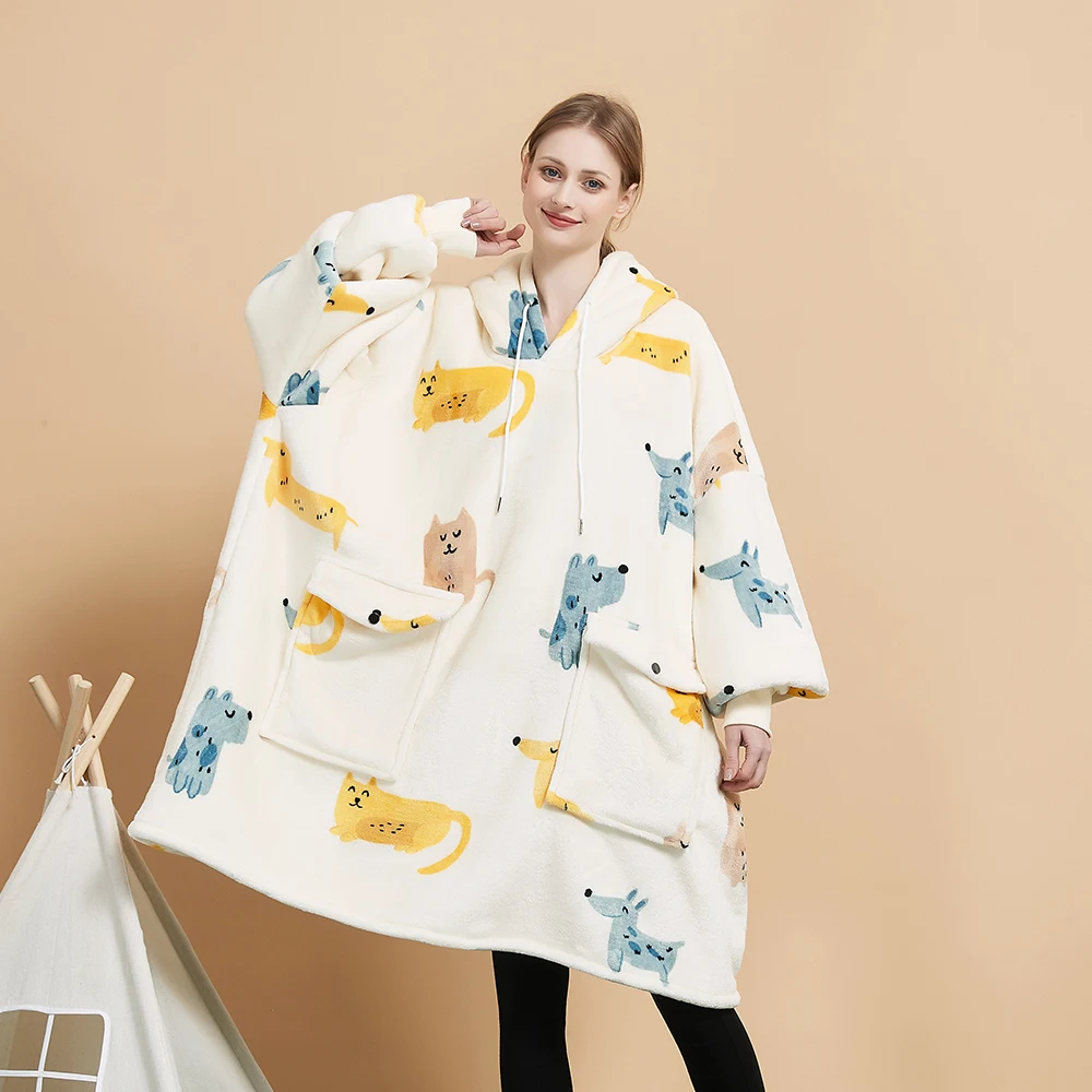 Dropshipping Custom Luxury Oversized New design Printing Hoodie blanket Adult Kids toddler Wearable Blanket with two big Pocket