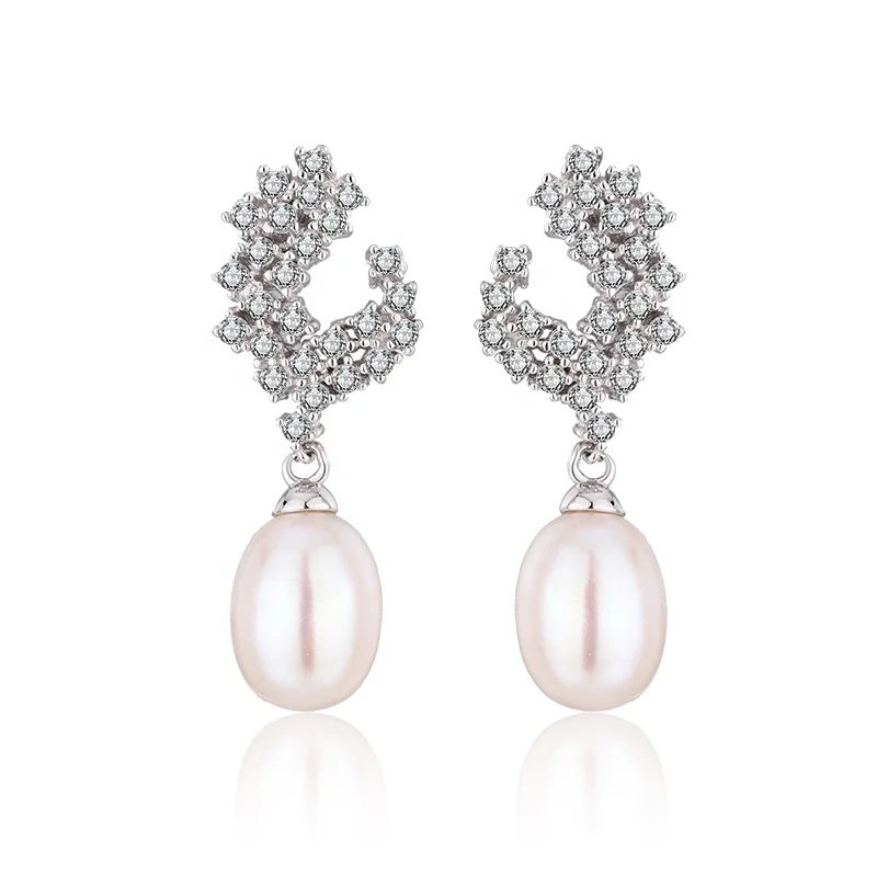 KAMMY 7.5-8mm Magnificent Zircon Natural Pearl Earrings Girl Fashion Trendy Sterling Silver 925 Dangle Earring