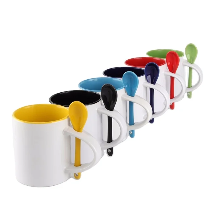 custom printable personalized glazed plain 11oz inner color white sublimation ceramic coffee mugs with spoon for promotion gift