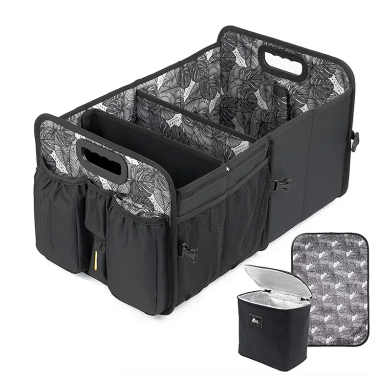 Car Trunk Organizer with Cooler Lid - Front Back Seat Belt | Bottle, Plastic Bag Pocket |Baby Diaper Caddy Organizer
