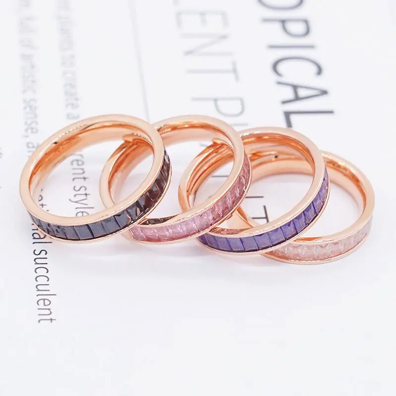 New Fashion Colorful Explosion Stone Ring with Zircon Rose Gold Titanium Steel CZ Setting Ring for Girls