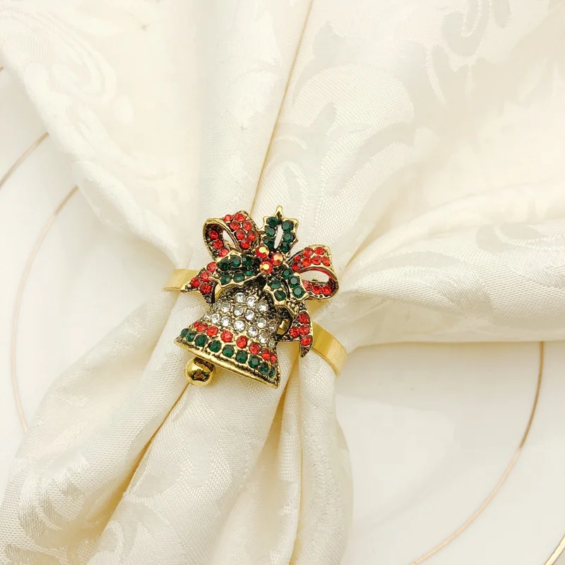 Christmas Jingle Bell Napkin Rings Gold Metal Napkin Ring Holder Rose Flower Napkin Buckle for Christmas HWC18