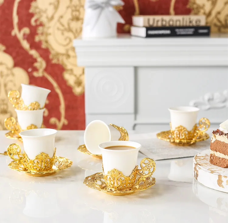 Ethiopian Coffee Cup Set Espresso Cups Mug with Gold Handgrip Handmade Saucers Turkish Ceramic Coffee Cups Teaware