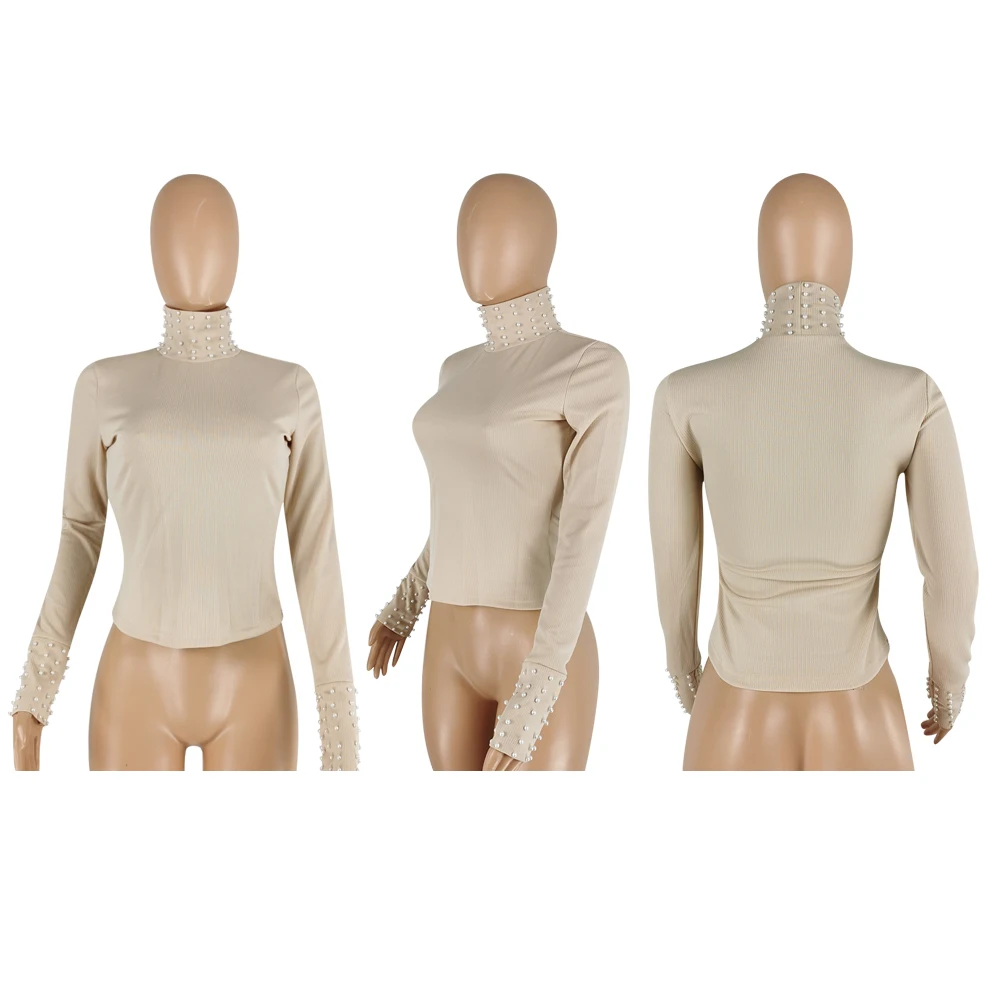 Winter pearl ribbed elastic high neck long sleeve crop top shirt
