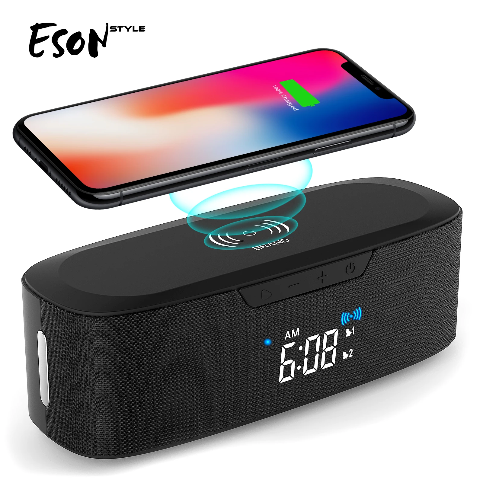 Eson Style Home Theatre System Dual Alarm Clocks Subwoofer Radio Fm 20W 3.7V Tws Wireless Charger Bluetooth Speakers