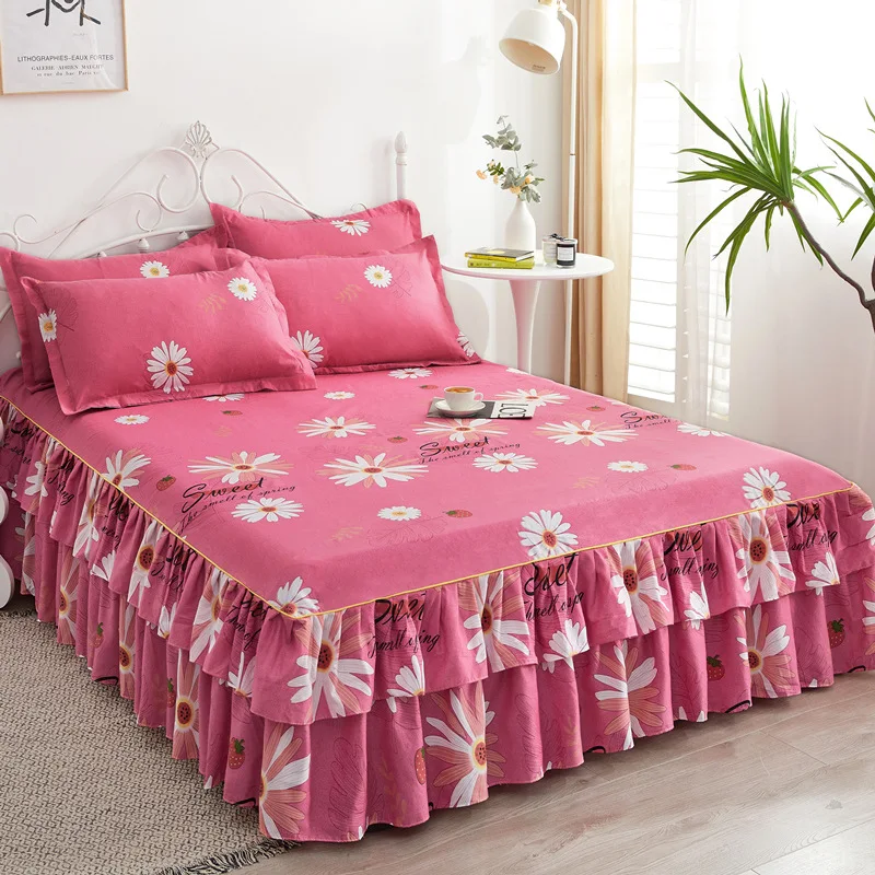 Hot Sale Luxury Bed Skirt Sheet Set Home Embroidery Floral Bed Skirt Bedsheets Sets
