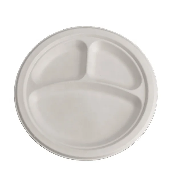 Wholesale Custom Logo Sugarcane Fiber 3 Compartments White Round Charger Plates Disposable Bagasse Fiber Biodegradable Plates