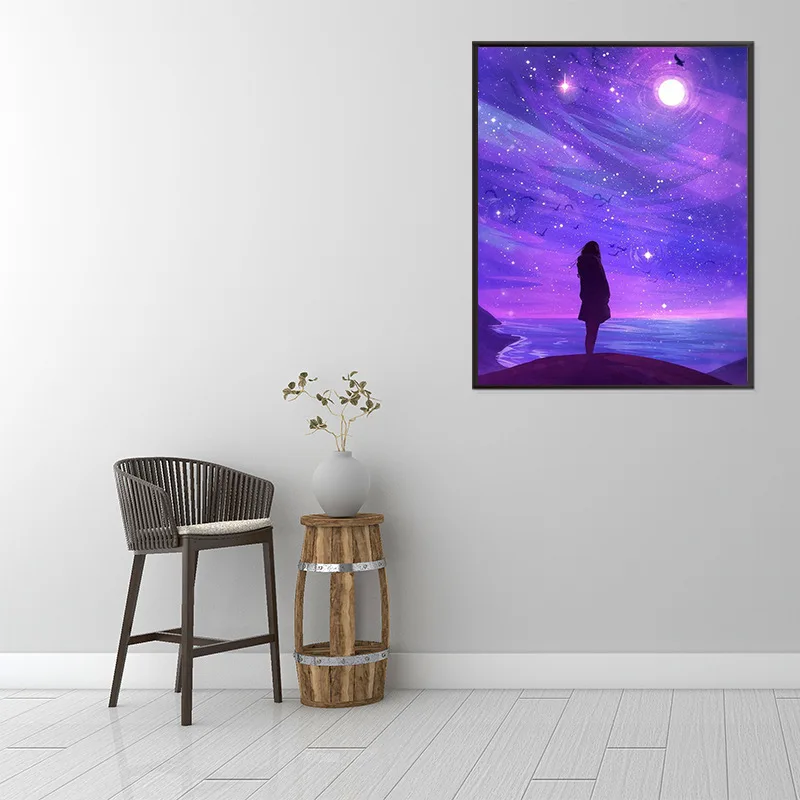 DIY 5d Full Drill  Diamond Painting Purple Sky Night  Moon Tree Flower Diamond Painting for Home Decor