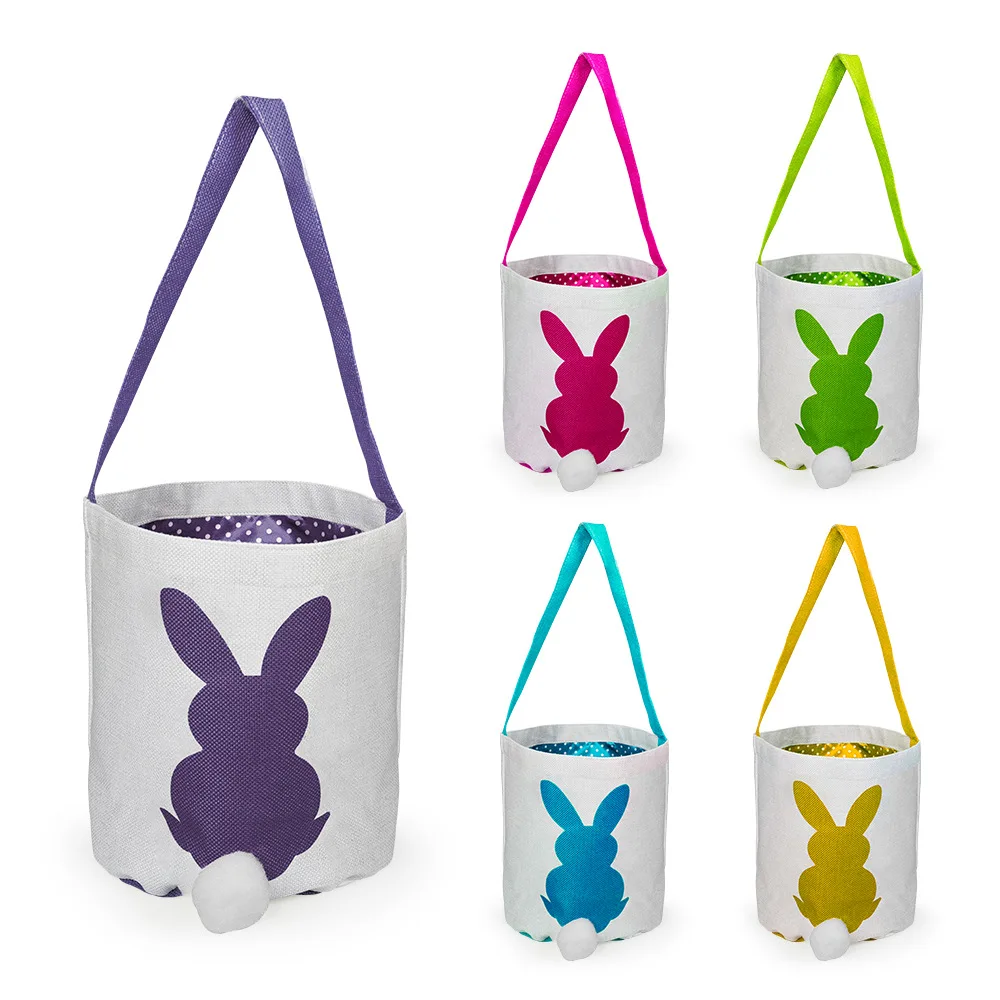 Blank Sublimation Easter Bunny Basket bags With Colour Handle Cute Rabbit Tail Linen Eggs Tote canvas Bag for Easter candy gifts