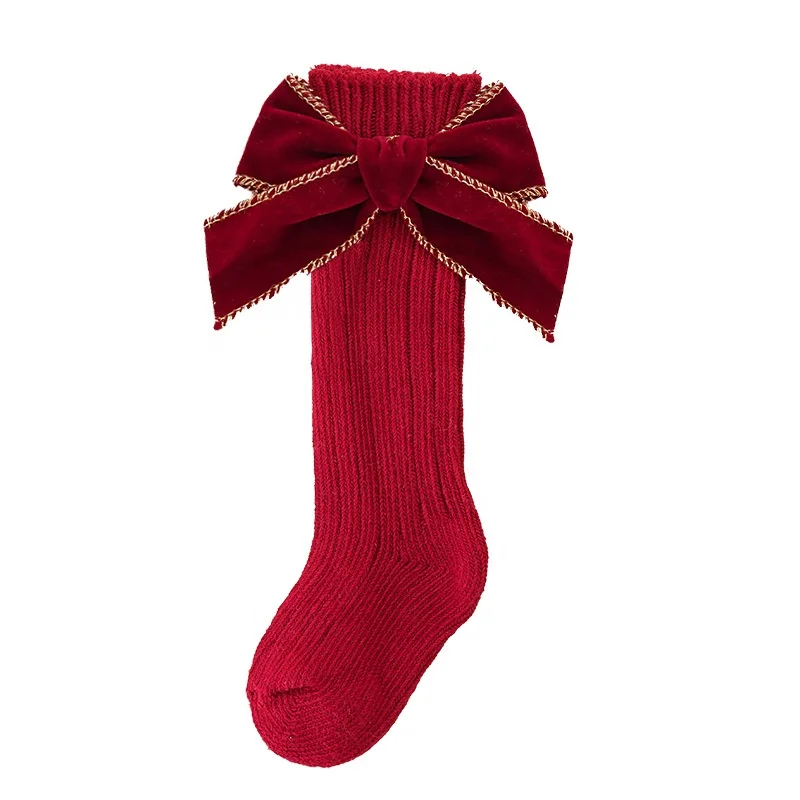 Autumn and winter baby girl fashion thick needle cotton socks solid color sweet bow princess style high socks