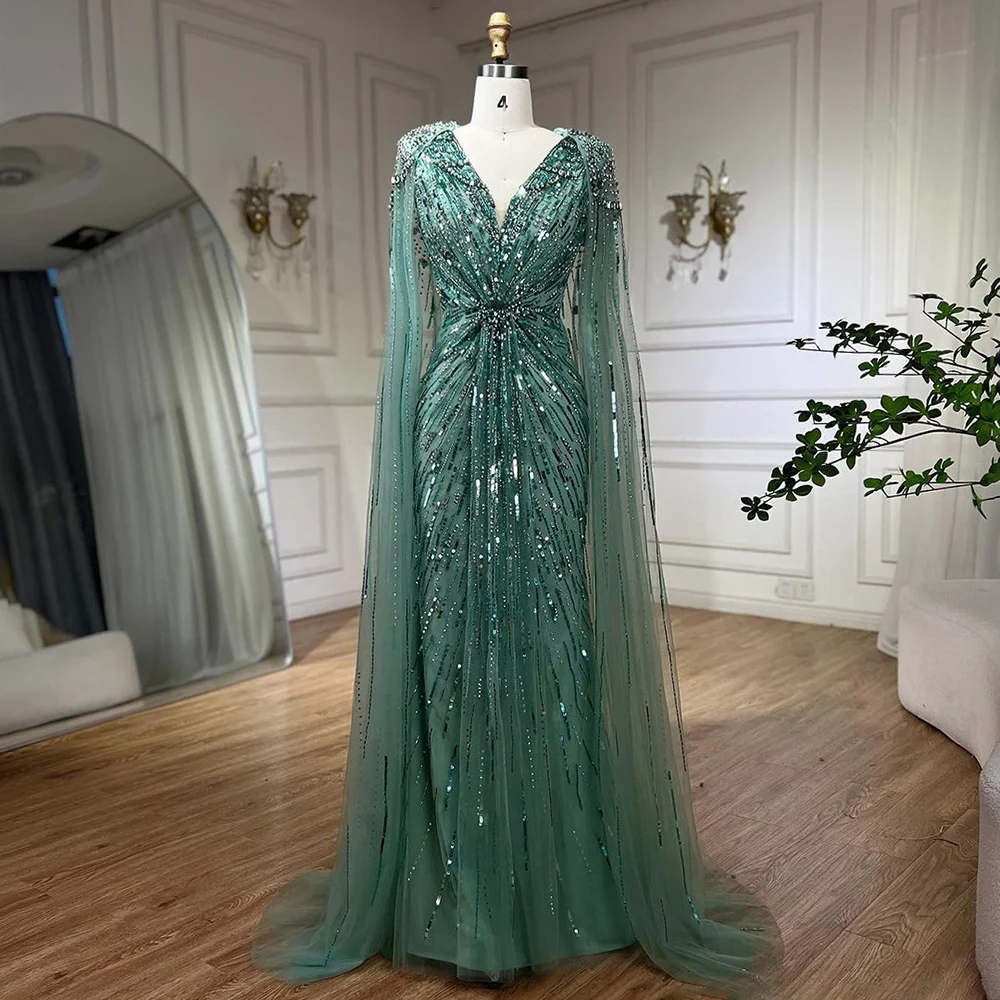 Mermaid Cape Sleeves Beaded Evening Dresses Serene Hill LA72168A Arabic Party Ball Gowns 2024 For Women