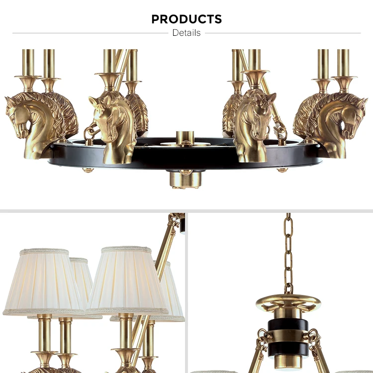 VIntage Brass Horse with Black Details and Elegant Pleaded Fabric Shade Living Room Chandelier Farmhouse