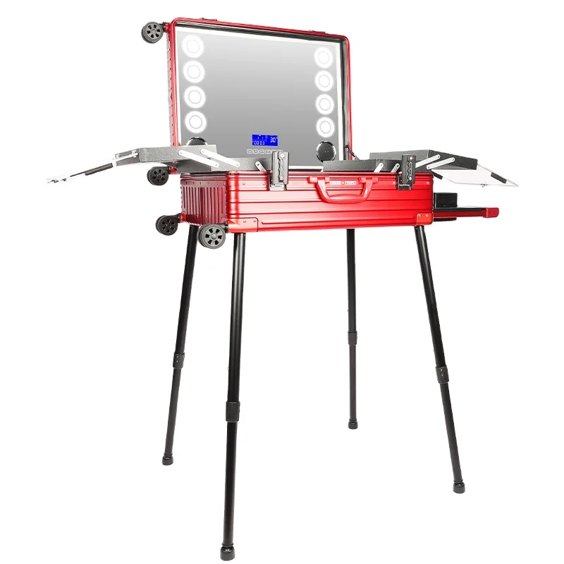 Rolling Makeup Case with LED Light Mirror Adjustable Legs Detachable Wheel Train Studio Artist Cosmetic