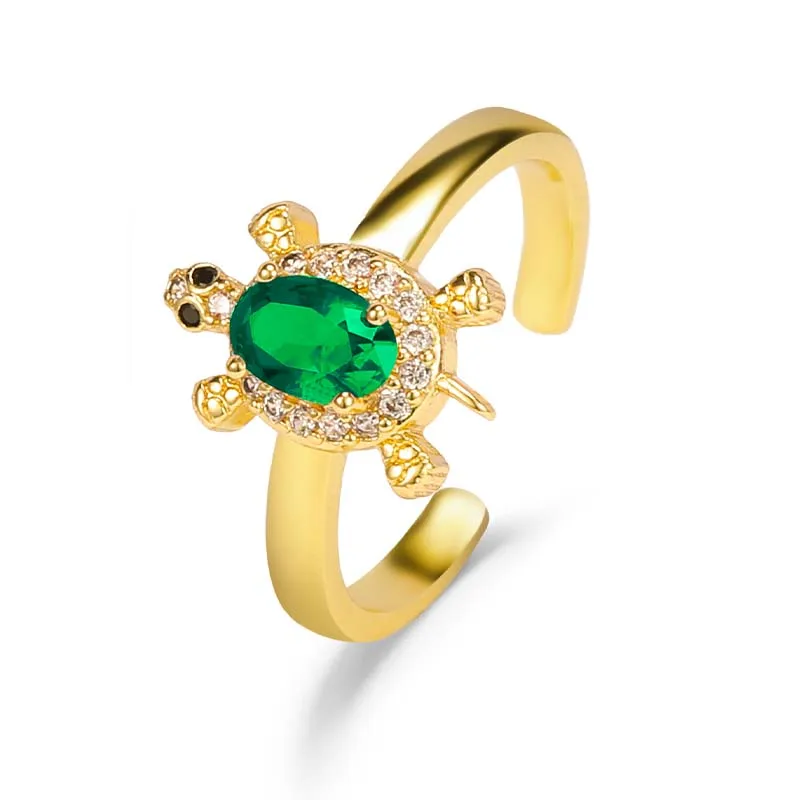 HOVANCI Cool Bling Bling Inlaid Zircon Finger Ring 18k Solid Gold Diamond Dainty Colored Oval Turtle CZ Zircon Ring for Party