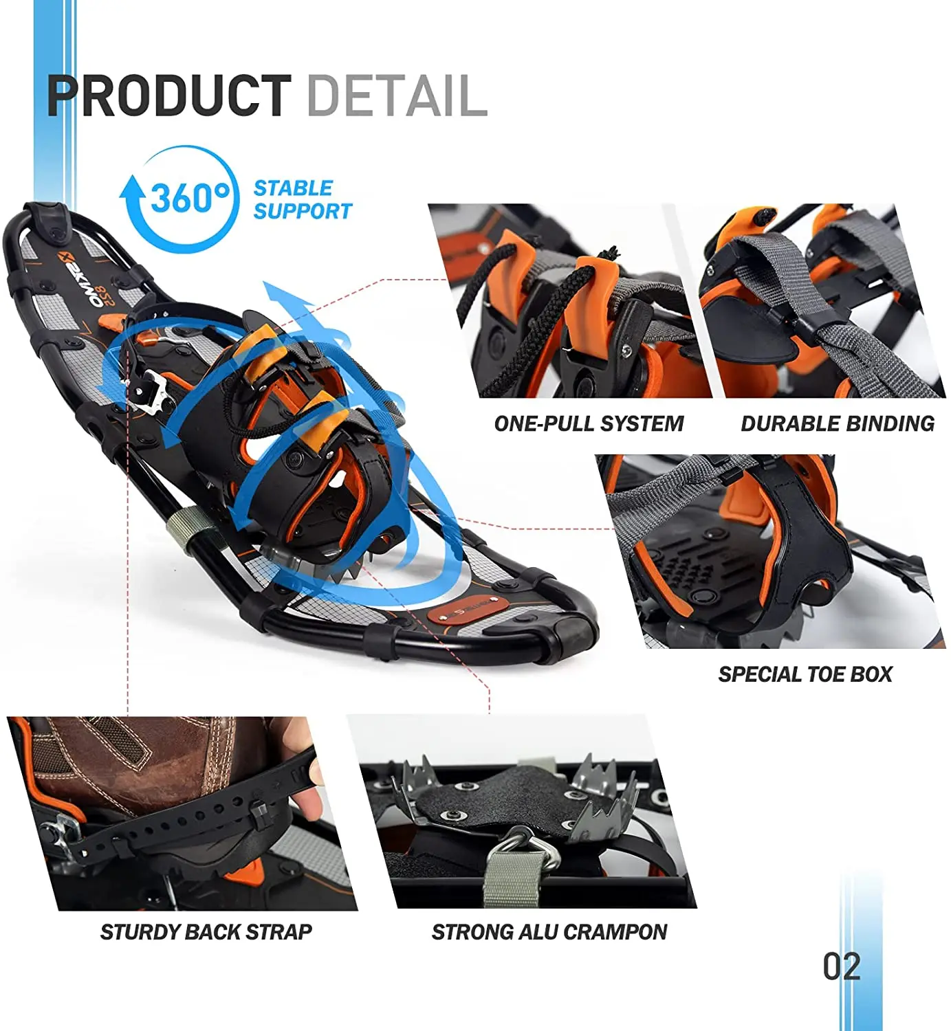 Anti slip Aluminum All Terrain Mountain Foam Padded One-pull Binding Hiking Snowshoes