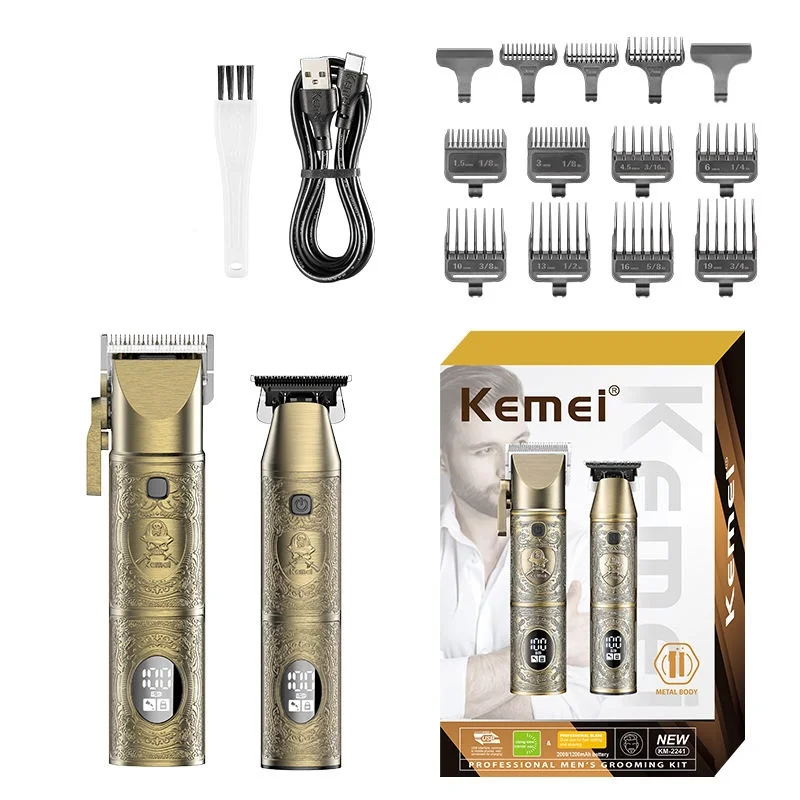 2025 Kemei KM-2241 Professional Ceramic Blade Hair Clipper Kit LCD Metal Hair Trimmers 2PCS Barber Hair Cutting Machine Type-C