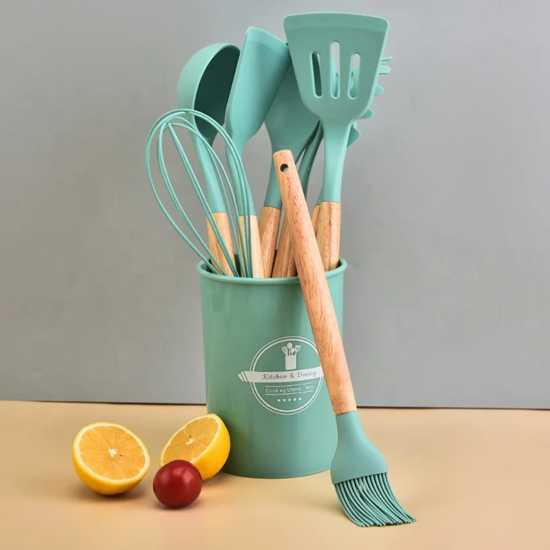 Multi-Functional 12Pcs Silicone Kitchen Utensils Set Wooden Handle Cooking Utensil Spatula Set