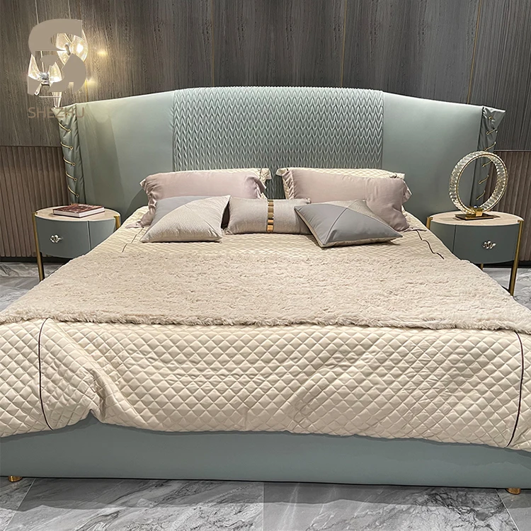 
Modern Green Headboard Simple King Size Double Bed Wooden Fabric Frame Fabric Upholstered Bed 