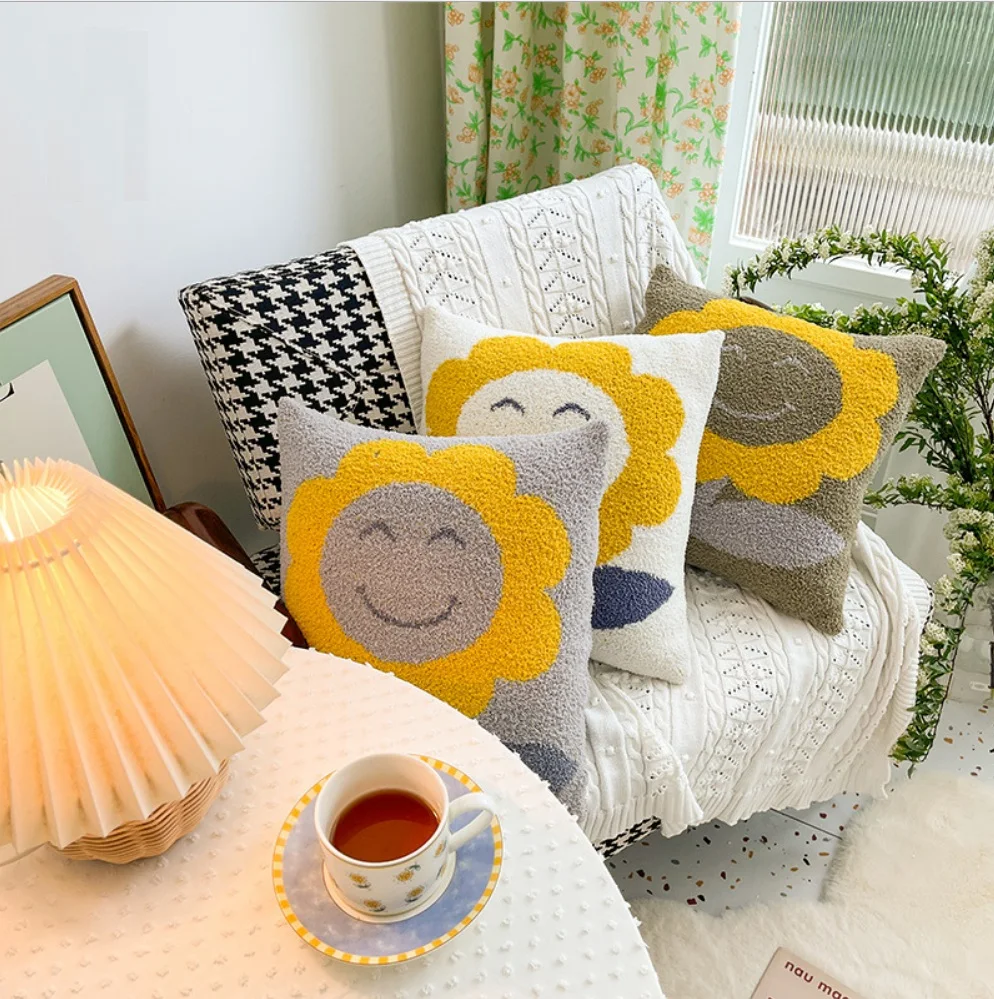 PLHAN  Boho Striped  Knit Decorative Flower Smiling Face Knit Living Room Sofa Throw Pillow Cover
