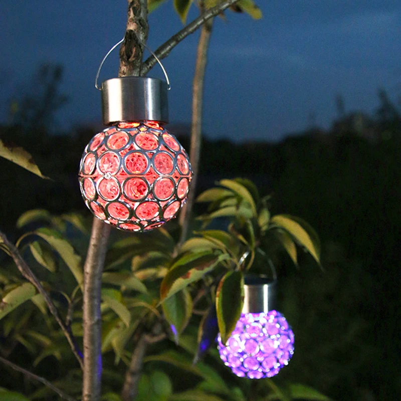 Solar Globe Hanging RGB Color Changeable LED Bulb Stainless Steel PVC Waterproof Tree Decorative Lamp for Garden Yard Flowerbed
