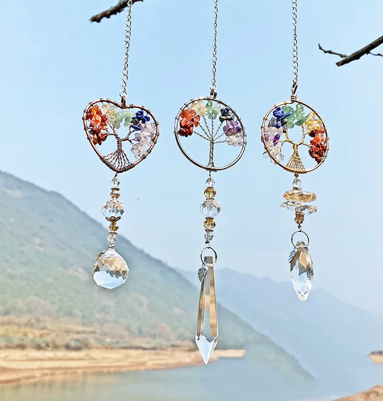 7 Chakra Healing multicolor Natural Stone chips Tree Of Life Prism Crystal Pendant wall Hanging Home house Window Decor