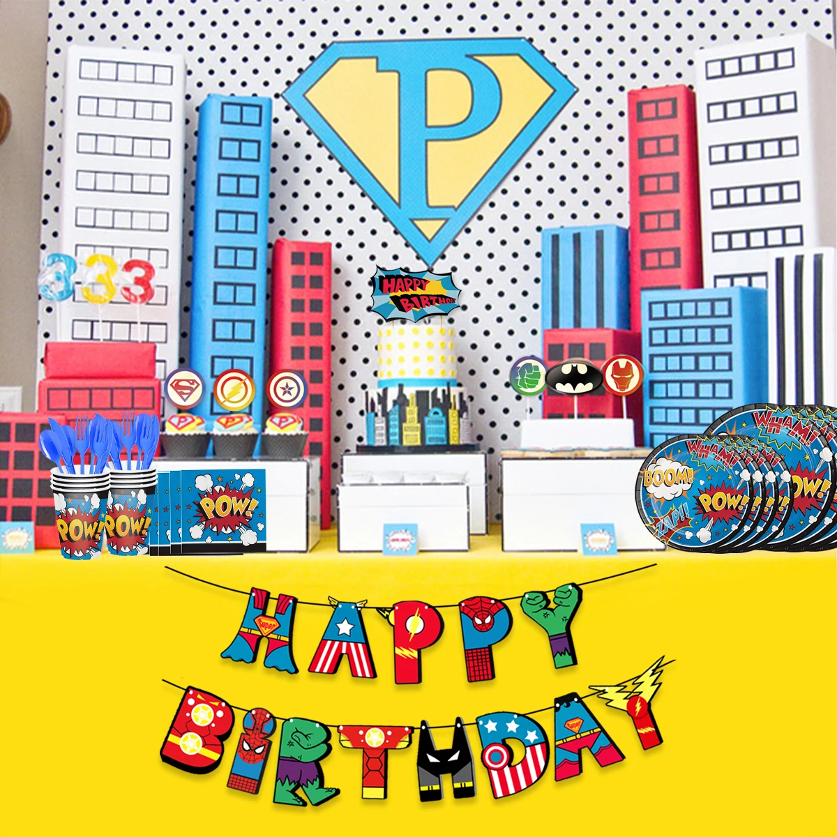 Nicro Super Hero Theme Kids Birthday Decoration Party Tableware Set Birthday Banner Cake Topper For Super Hero Party Supplies