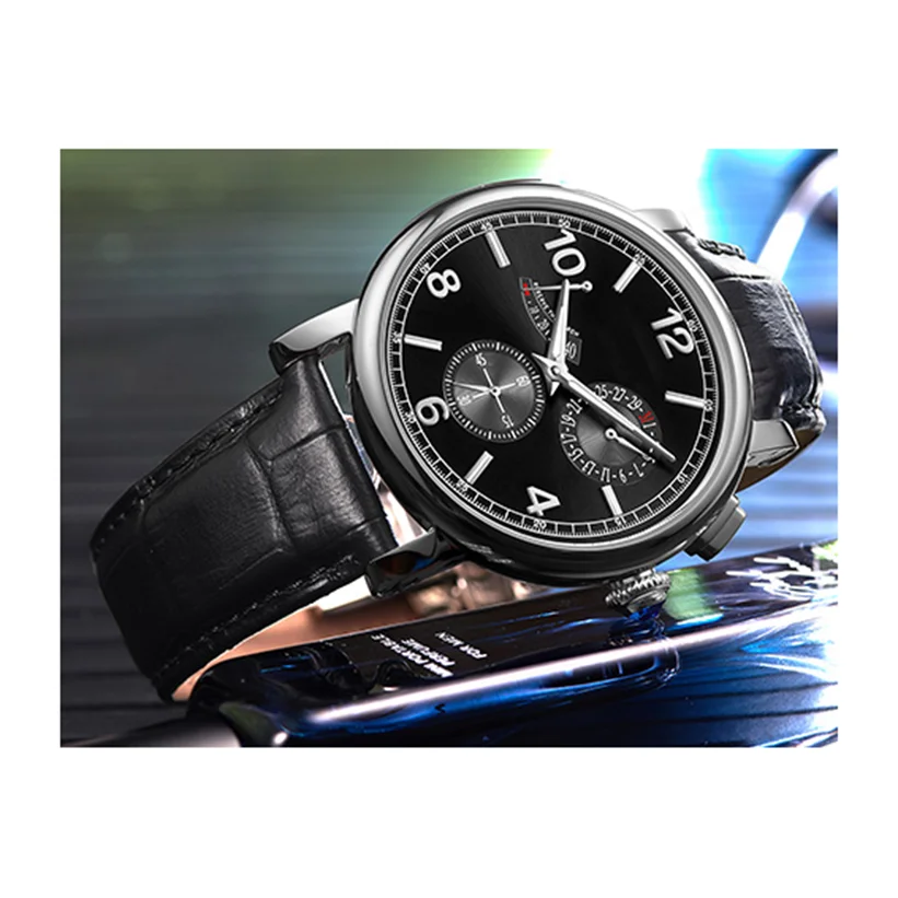 Luxury cow leather strap power show calendar small second hand men mechanical watches