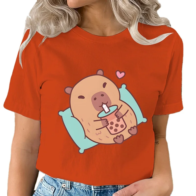 Boba Tea Capybara Print T Shirt for Women Anime Kawaii T-shirts Graphic Tees Ladies T-Shirt Unisex Hip Hop Tops Harajuku Tshirt
