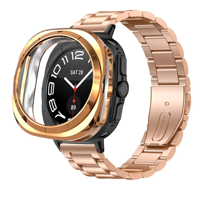 Stainless Steel Strap + TPU Case Three Beads Quick Release Luxury Metal Bracelet for Samsung Galaxy 7 Ultra 47mm Steel Wristband