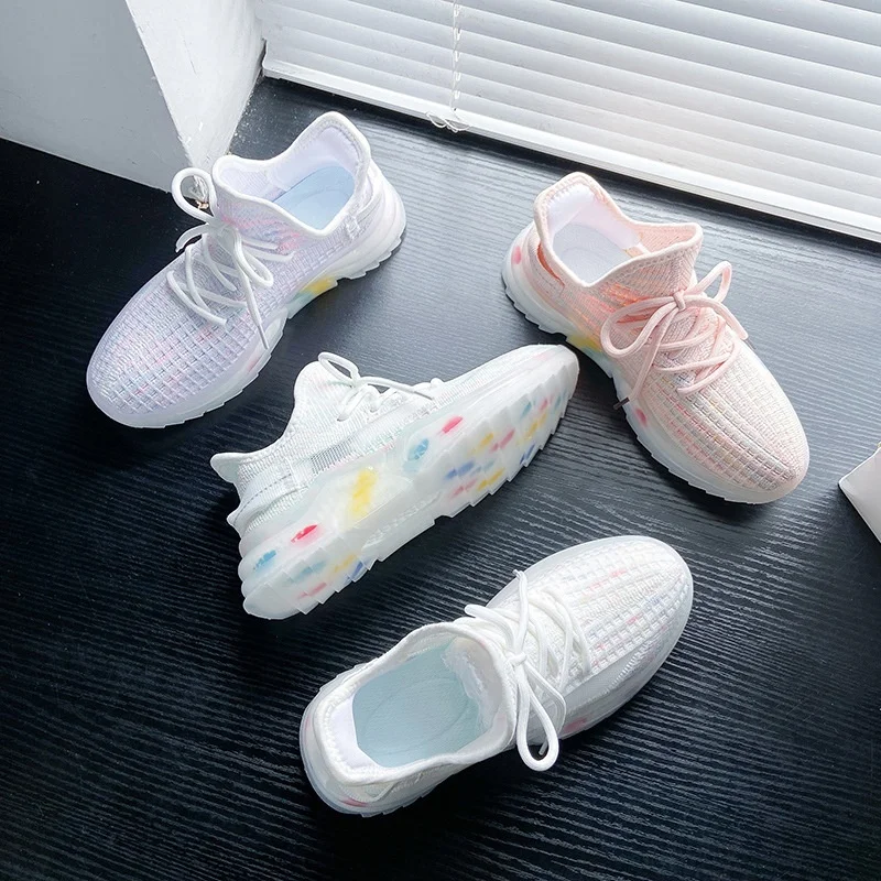 Hot Selling Fly Woven Mesh Breathable Ladies Flat Shoes Candy Color Soft Laces Comfortable Non-Slip Running Shoes