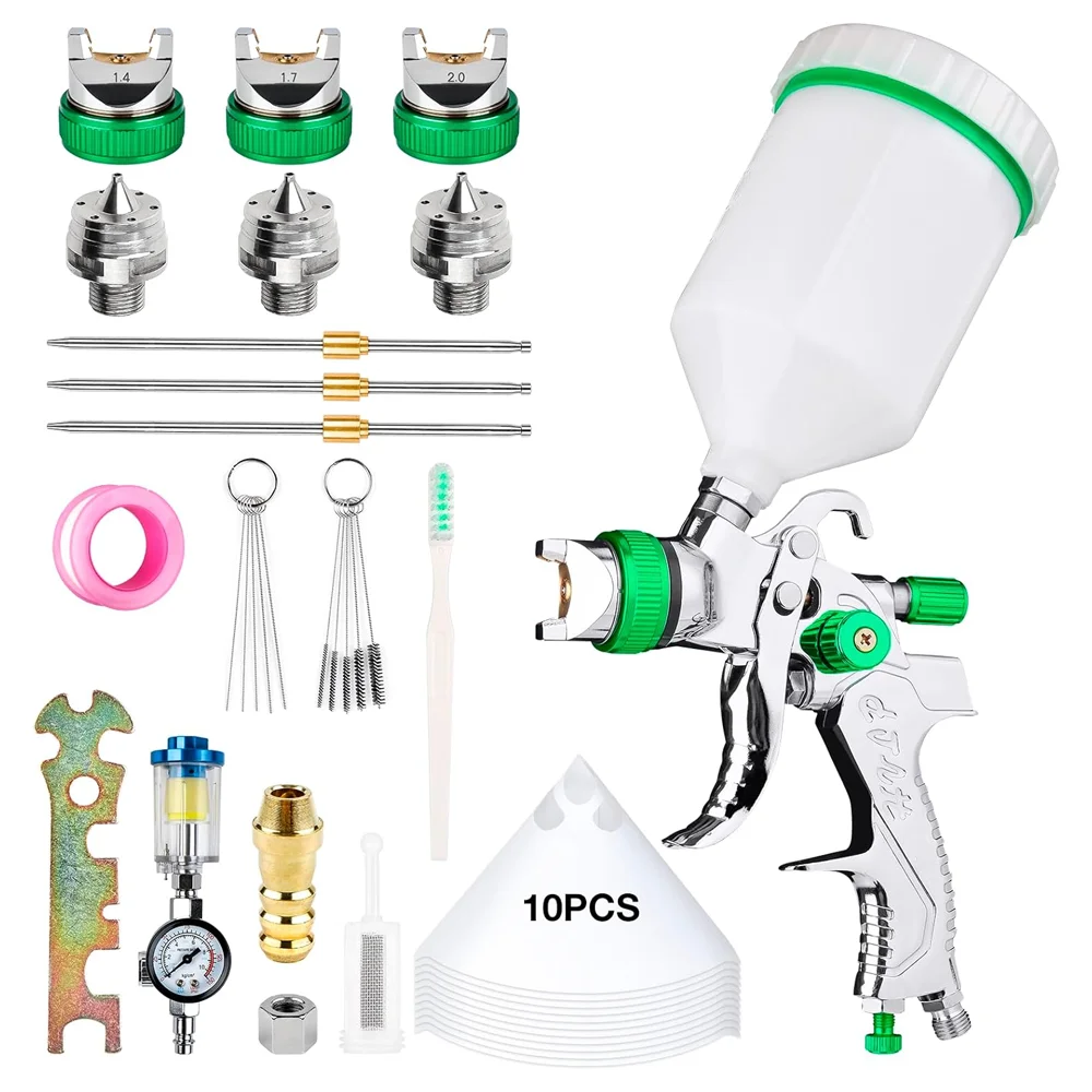 HVLP Mini Air Spray Gun for DIY Car Painting Green New Design with 1.4/1.7/2.0mm Nozzle 10 Paint Filters and Pressure Gauge.