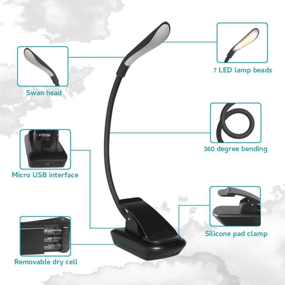 
Adjustable Flexible Arms AAA Battery Book Lamp Light LED Clip on LED Reading Light 3 Level LED Book Light For Read Book 