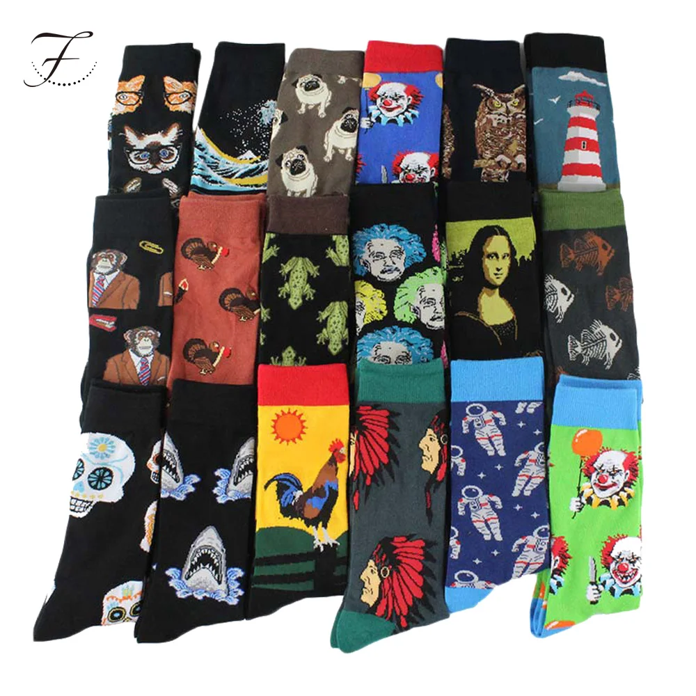 Fiona Amazon Hot Selling 100% Cotton Bulk Production Male Tube Knitted Jacquard Cartoon Animal Retro Jesus Crew Mens Happy Socks