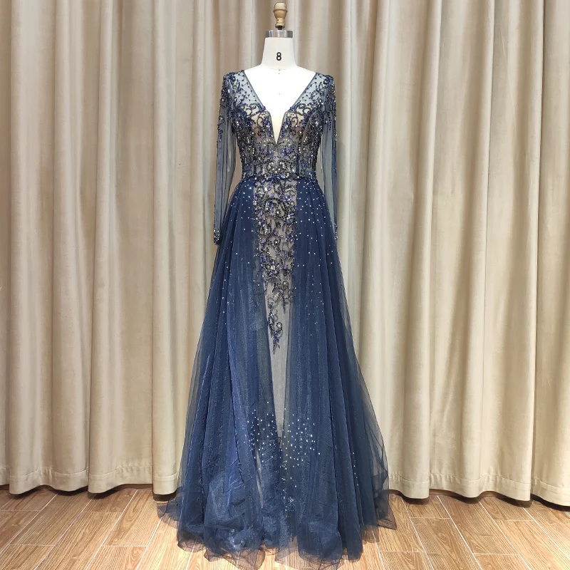 Black Long Sleeve Wedding Party Dress Sequin Evening Dress Party Wear for Ladies