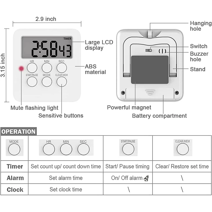ABS Magnetic Kitchen Digital Timer Clock Alarm with Mute Loud Alarm Switch Large LCD Display Memory Function Digital Timer