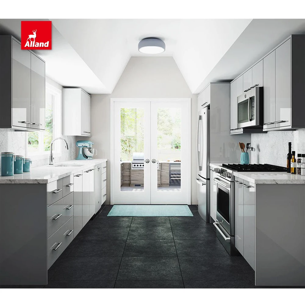 AllandCabinet Custom Color Modern High Gloss Lacquer MDF Plywood Flat Style Kitchen Cabinet Design with Countertop Island