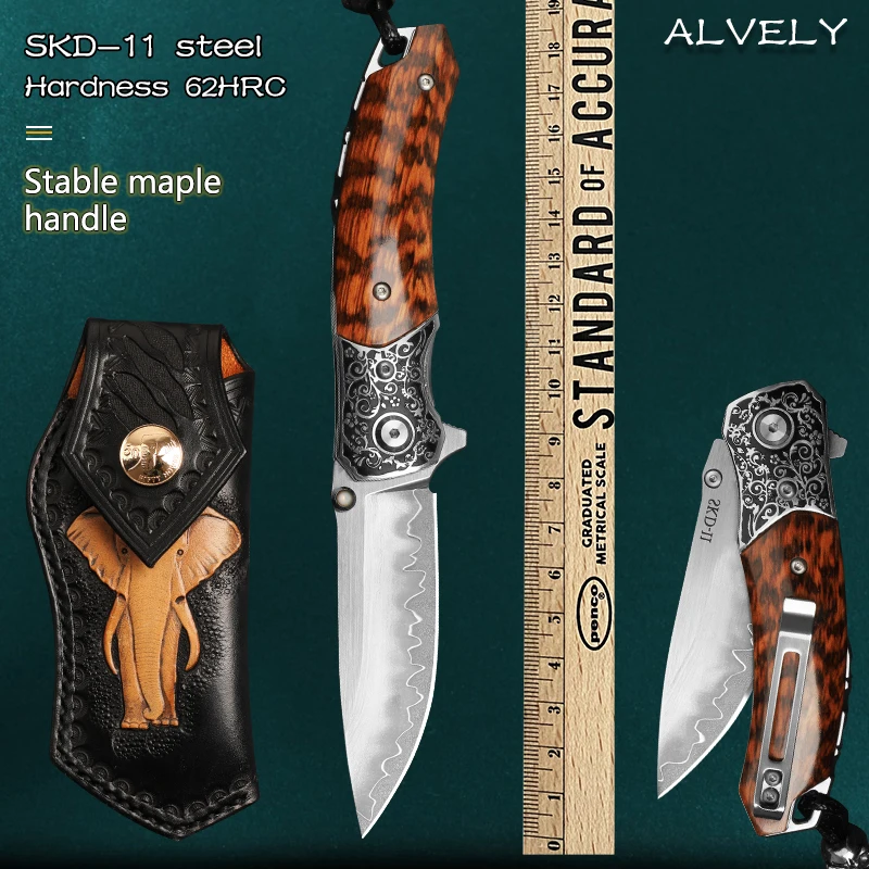 Pocket Knife damascus steel blade and solidified stable wood Handle for Outdoor Tactical Survival