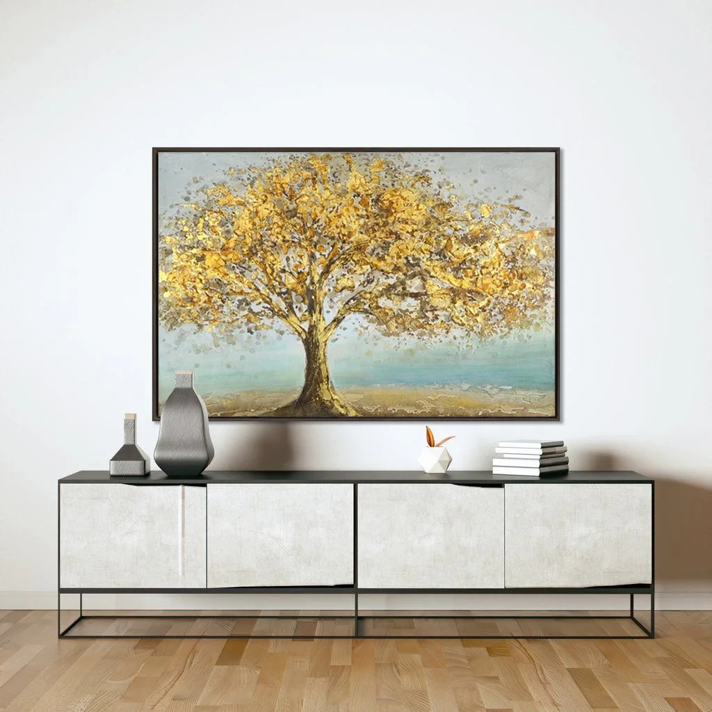 Hand painted abstract oil painting gold tree hanging painting modern gold leaf decorative painting